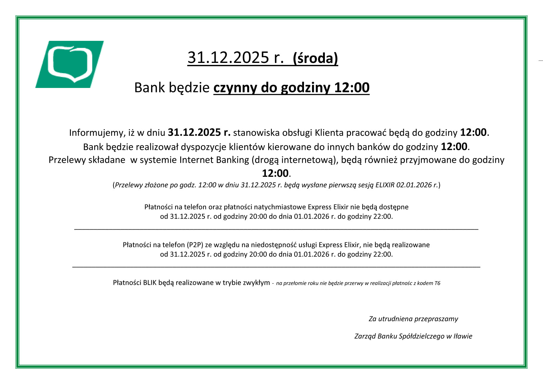 Informacja dla klientów sylwester 2025 1